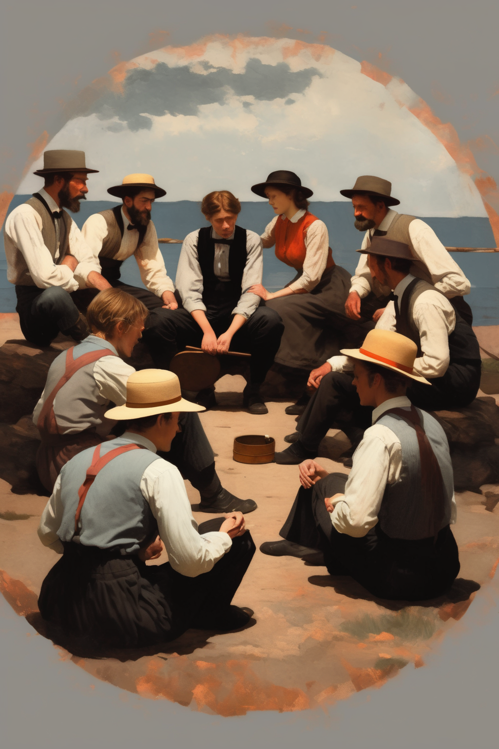 <lora:Winslow Homer Style:1>Winslow Homer Style - group of people sitting in a circle in the style of winslow homer