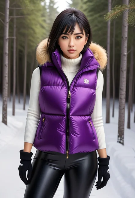 ((((puffer padded vest)))), ((((puffer padded vest)))), ((((full body)))), ((((fur boots)))), ((((puffer pants)))), winter, snow, forest, 1girl, solo, (masterpiece), detailed face, detailed eyes, (beautiful detailed eyes:1.5), sidelighting, (super detail, hyper detail, intricate_details, detailed), (semi realistic:1.6), (Bob cut), blunt bangs,(black hair), (purple eyes, eyelashs), smug smile, angry face, golden armlets, padded collar, Thick padded collar, <lora:Collar-SDXL:0.6>, <lora:cropped_puffer_vest_v2:0.4>, <lora:snowpants_v1:0.4>