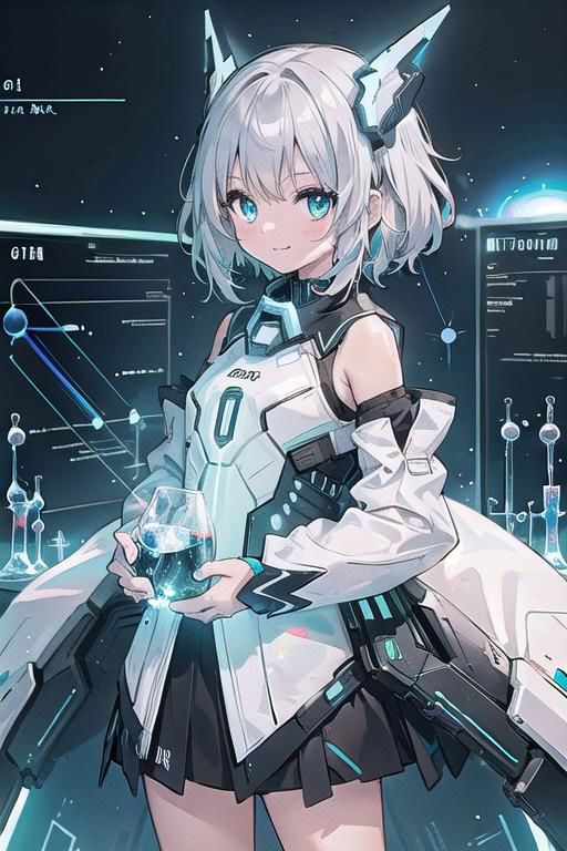 (masterpiece), (science fiction:1.4), 1girl, standing, smile, silver hair, aqua eyes, headgear, long sleeves, detached sleeves, glowing energy clothing, light particles