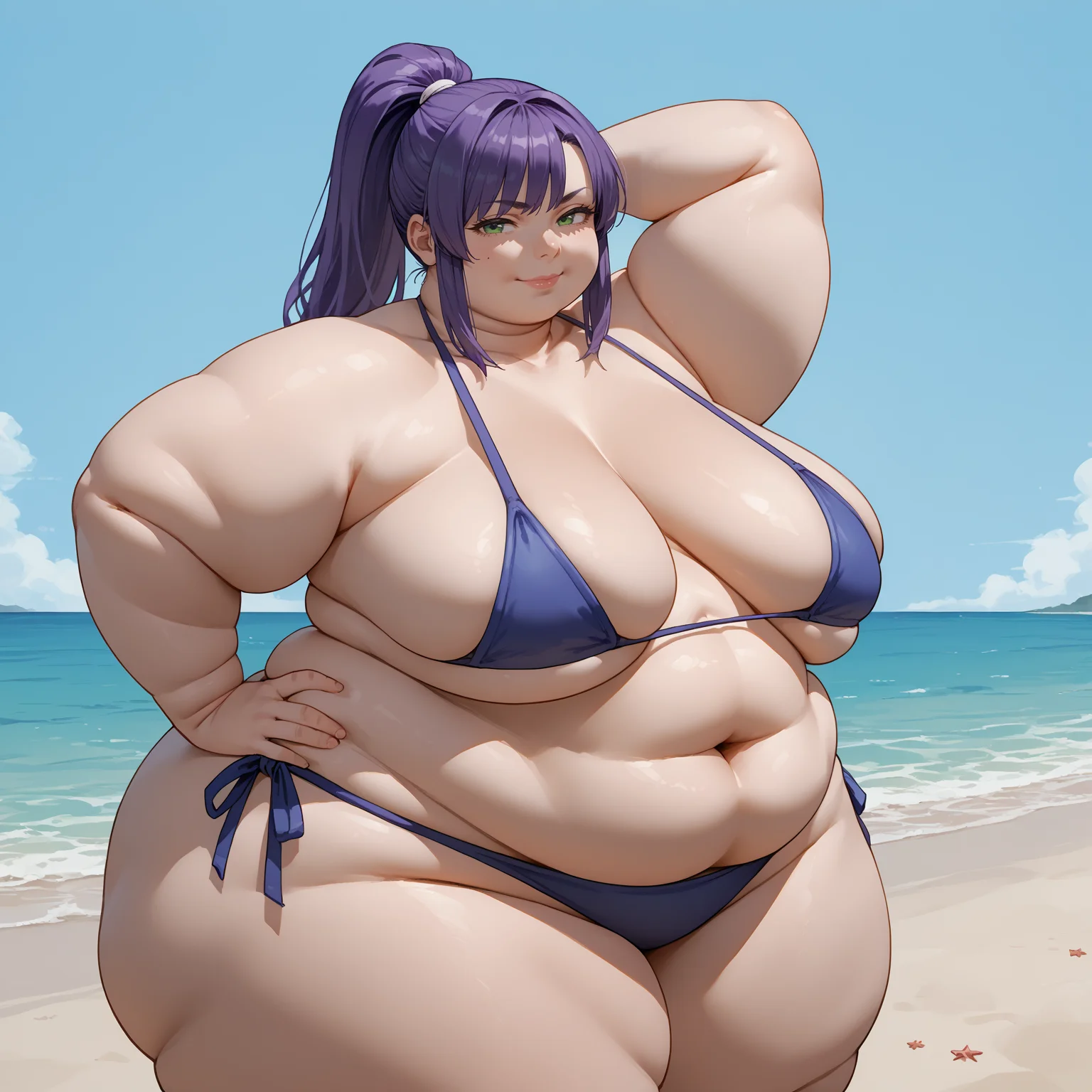 <lora:SyMix_Pony_v08_ep22:1>
source_anime, score_9, score_8_up, score_7_up,
1girl, solo,
beach, horizon, ocean, cowboy shot,
contrapposto, 
(ussbbw:1.2), (fat rolls), fat arms, (huge thighs, huge hips, bottom heavy body), sagging breasts, large breasts, (hand on own hip), arm behind head,
smug, high ponytail, purple hair, blue bikini, green eyes