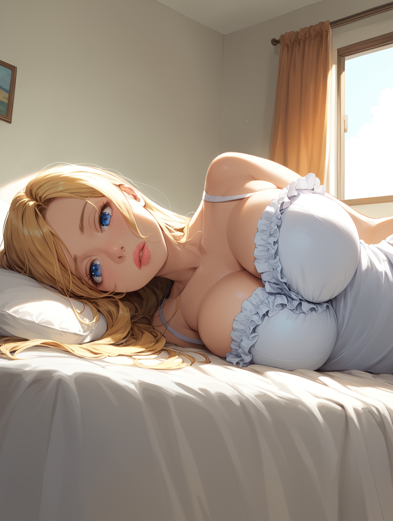 1 girl, 18 yo, blonde long hair, blue eyes, thick lips, big breasts,, depressed, yamakasa, poncho, frills, bedroom, Full shot, morning, Lying down, from below,, <lora:MauraRanettXL:3>,