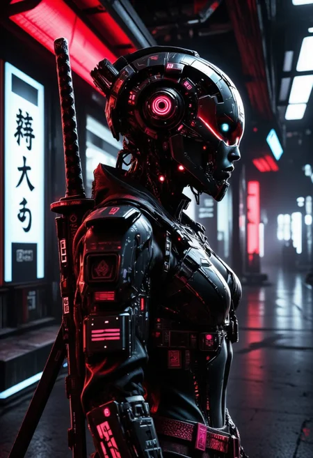 female cyberpunk robot samurai, robot face with mirrored face shield, hyperdetailed helmet, reflective black and neon red armor, robot joints, body made of metals, cables and wires, a katana strapped to her back, silhouetted at night outside eastern temple, chiascuro, directional lighting