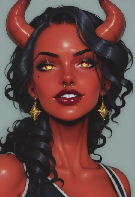 score_9, score_8_up, score_7_up, photograph, real life, extremely beautiful, (highly detailed, intricately detailed), masterpiece, 8k, HDR, best quality, (highly detailed skin), (alluring eyes), (a demon girl), (wavy ponytail hair, black hair), glowing orange eyes, mole under her eye, glossy natural lipstick, mascara, (long demon horns), (demon tail), (red skin), smirk smile, (piercings)