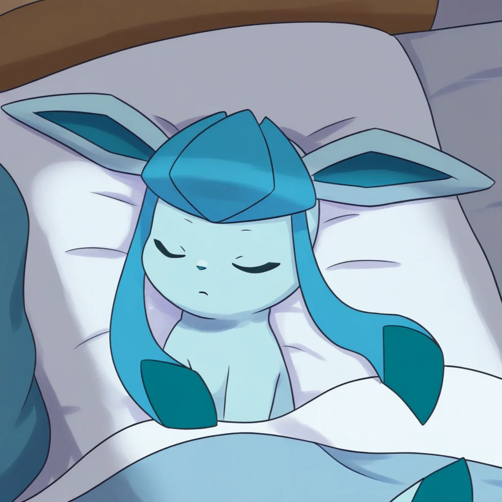 GL4C30N, quadraped, light blue skin, teal paws, long ears, teal eyes, tail, lying, sleeping, asleep, closed eyes, bed