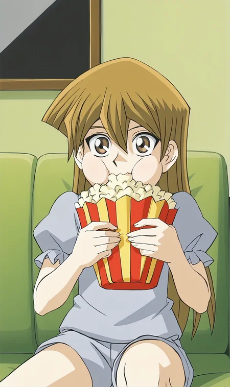 AR, 1girl, solo, brown hair, long hair, brown eyes, grey pajamas, puffy sleeves, shorts, on couch, watching tv, holding popcorn, big cheeks, puffy cheeks, mouth full, chewing, excited, front lighting, shadows, <lora:Alexis Rhodes Pony XL:0.75>