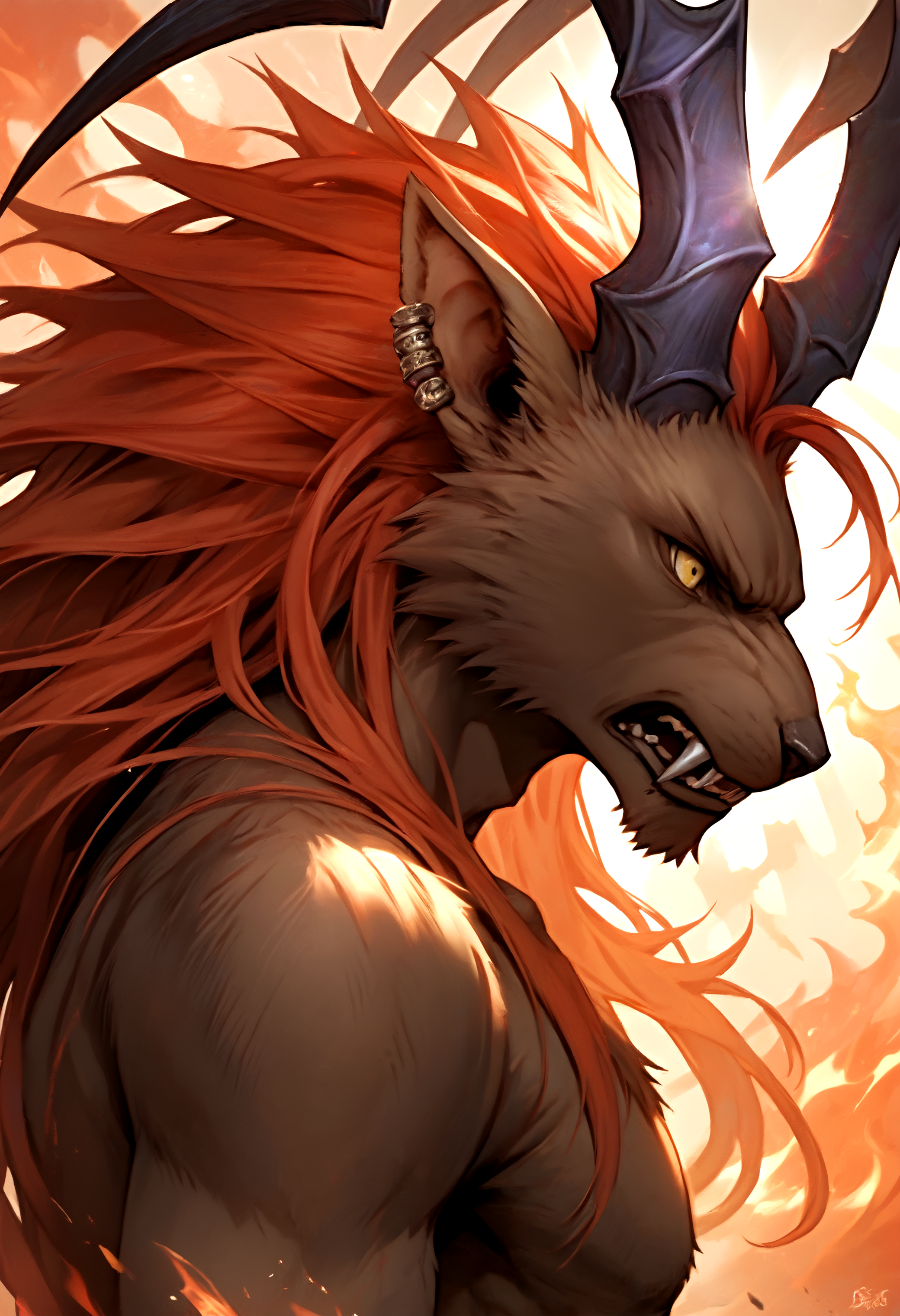 score_9, score_8_up, score_7_up, 8k, detailed design, detailed background, detailed characters, masterpiece, anthro only, furry only, solo, 1boy,   <lora:IfritFF8-000003>,ifrit_(final_fantasy), topless, ear piercing, red hair, long hair, fangs, horns, yellow eyes, brown fur, bracelet, close up, angry, side angle, fire, abstract background, ultraviolet rays, shadows, red,