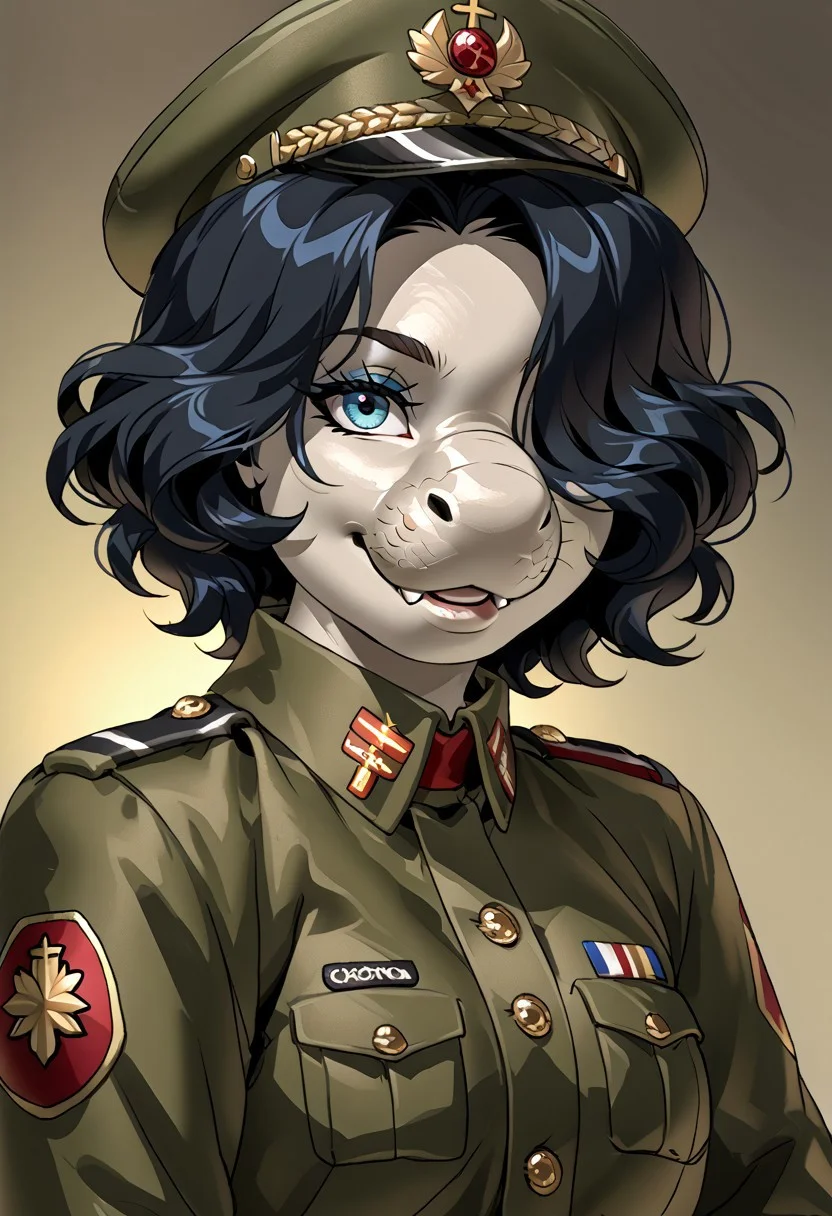 score_9, score_8_up, score_7_up, (by jailbird:1.5), (by kittydee:1.5), (by zummeng:1.5), masterpiece, best quality, (solo),
(Furry Art: anthro: elephant seal:1.5), expressive eyes, <lora:beautiful_detailed_eyes:1>, perfect face, seal, male, large proboscis nose, (black hair:1.5), (short hair), (one eye covered by hair), small breasts, (army general uniform:1.5), (army general hat:1), (army medals),