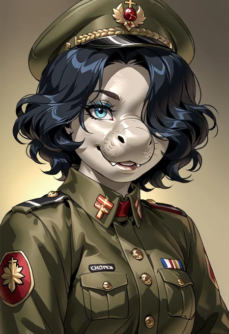 score_9, score_8_up, score_7_up, (by jailbird:1.5), (by kittydee:1.5), (by zummeng:1.5), masterpiece, best quality, (solo),
(Furry Art: anthro: elephant seal:1.5), expressive eyes, <lora:beautiful_detailed_eyes:1>, perfect face, seal, male, large proboscis nose, (black hair:1.5), (short hair), (one eye covered by hair), small breasts, (army general uniform:1.5), (army general hat:1), (army medals),