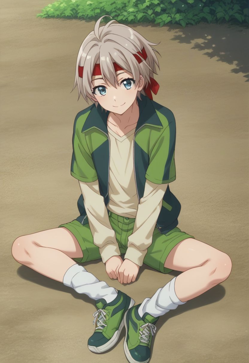 score_9, score_8_up, score_7_up, source_anime, highly detailed, 
saika, 1boy, headband, solo, shorts, male focus, grey hair, pants, jacket, green shorts, red headband, shirt, layered sleeves, cute, skinny, smile, socks, sneakers,
outdoor, sit,