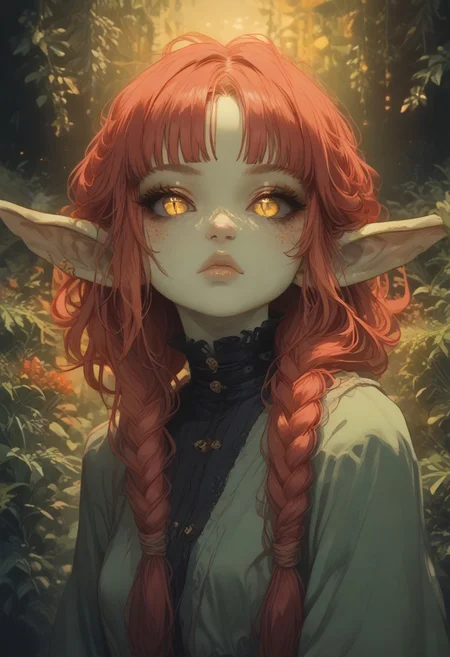 (Score_9:1.1), score_8_up, score_7_up,
(glimmer,glitter,limited lighting, high contrast, highres, closed_mouth:1.4, absurdres),(leaning forward:0.4)
Fl0ralD0lls ,Goblin
solo, short stature, shortstack, pointed ears, big eyes,goblin ears, goblin woman, green skin, big eyes, glimmering eyes, (black sclera, slit pupils, yellow iris, glowing iris), (ferns:1.3), realistic, focus on face, hime cut, red hair,((hair in very long single braids)), big lips, full lips, glossy lips, matte skin, matte colours