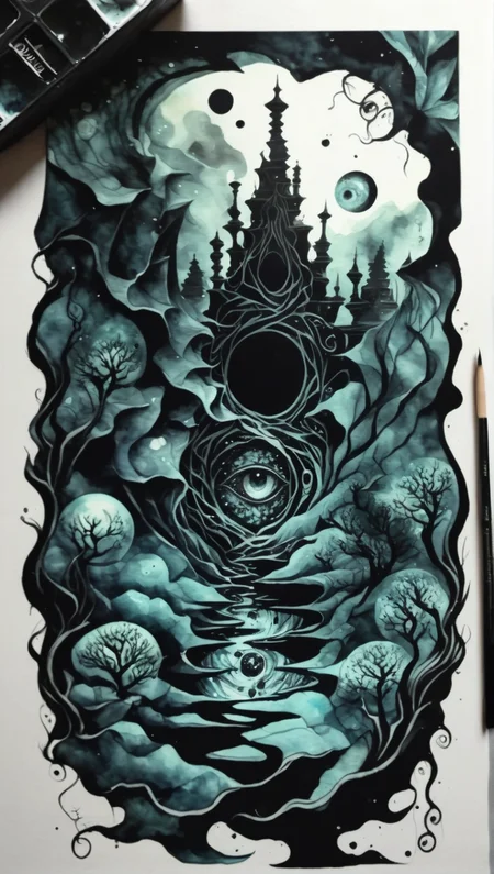 illusionix, watercolor and black ink<lora:illusionix:1>