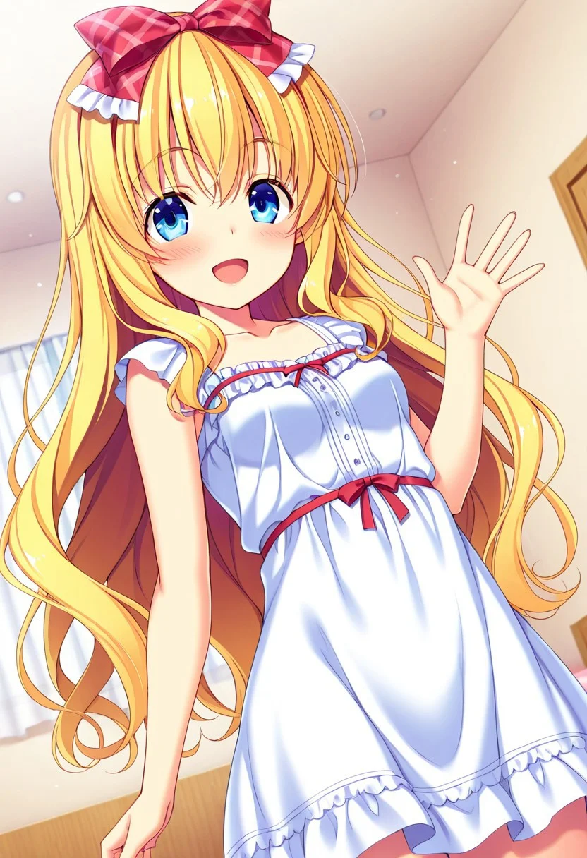 general,highres, ultra-detailed,very aesthetic,best quality ,best hands,best eyes,easynegative,
dynamic anglre, dutch angle, anime cloring,
1girl solo,looking at viewer,indoors,bedroom,smile,open mouth,waving hand,
Hinata Nanase,yellow hair,long hair,small breasts,short body,petite,blue eyes,hair ribbon,red ribbon,wavy hair,dress,