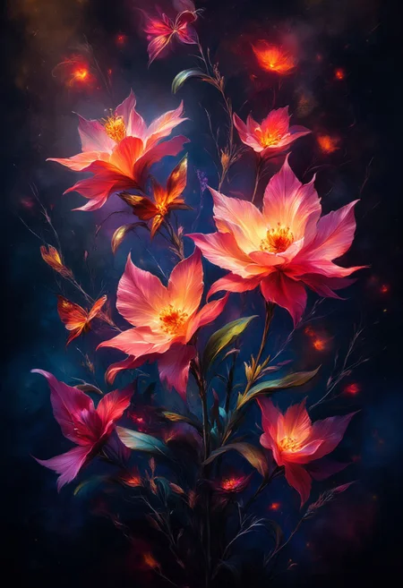 vibrant orange Bleeding Hearts flowers and glowing red butterflies against a pitch-black background Painterly,  surreal, vibrant glow, bokeh, 8k,