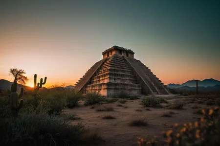 (tall ancient stone towers; 1.39) (ziggurat temple complex emerging from landscape: 1.39) raw photo, a sunset landscape, Arizona desert, Saguaro Cactus, Tall Mesa, cozy, photorealistic, high detailed texture, 8k uhd, dslr, soft lighting, high quality, film grain, (Fujifilm XT3, Sony A7 IV: 1.19), highly detailed photography, (muted colors, cinematic, dim colors, soothing tones:1.2), vibrant, insanely detailed, hyperdetailed, (dark shot:1.2), (vsco:0.3), (intricate details:0.9), (hdr, hyperdetailed:1.2) (highest coherency: 1.39) (highest quality: 1.39) (rule of Thirds) (award winning) (breathtaking) (masterclass) (vibrant color: 0.79) (distant hillside) (cinematic lighting, David Park, lights,) (purple-green glow)
