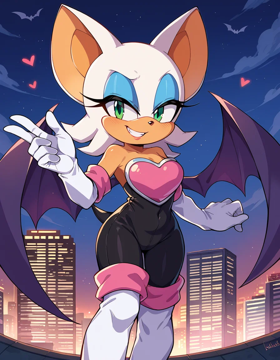 score_9, score_8_up, score_7_up, source_anime,
rougethebat, <lora:rouge-the-bat-ponyxl-lora-nochekaiser:1>
rouge, animal ears, bat ears, bat girl, bat tail, bat wings, eyeliner, furry, furry female, green eyes, makeup, tail, white hair, wings, eyeshadow,
bare shoulders, boots, elbow gloves, gloves, heart, knee boots, white footwear, white gloves,
outdoors, cityscape, night, smile,
looking at viewer, cowboy shot, dutch angle, solo,