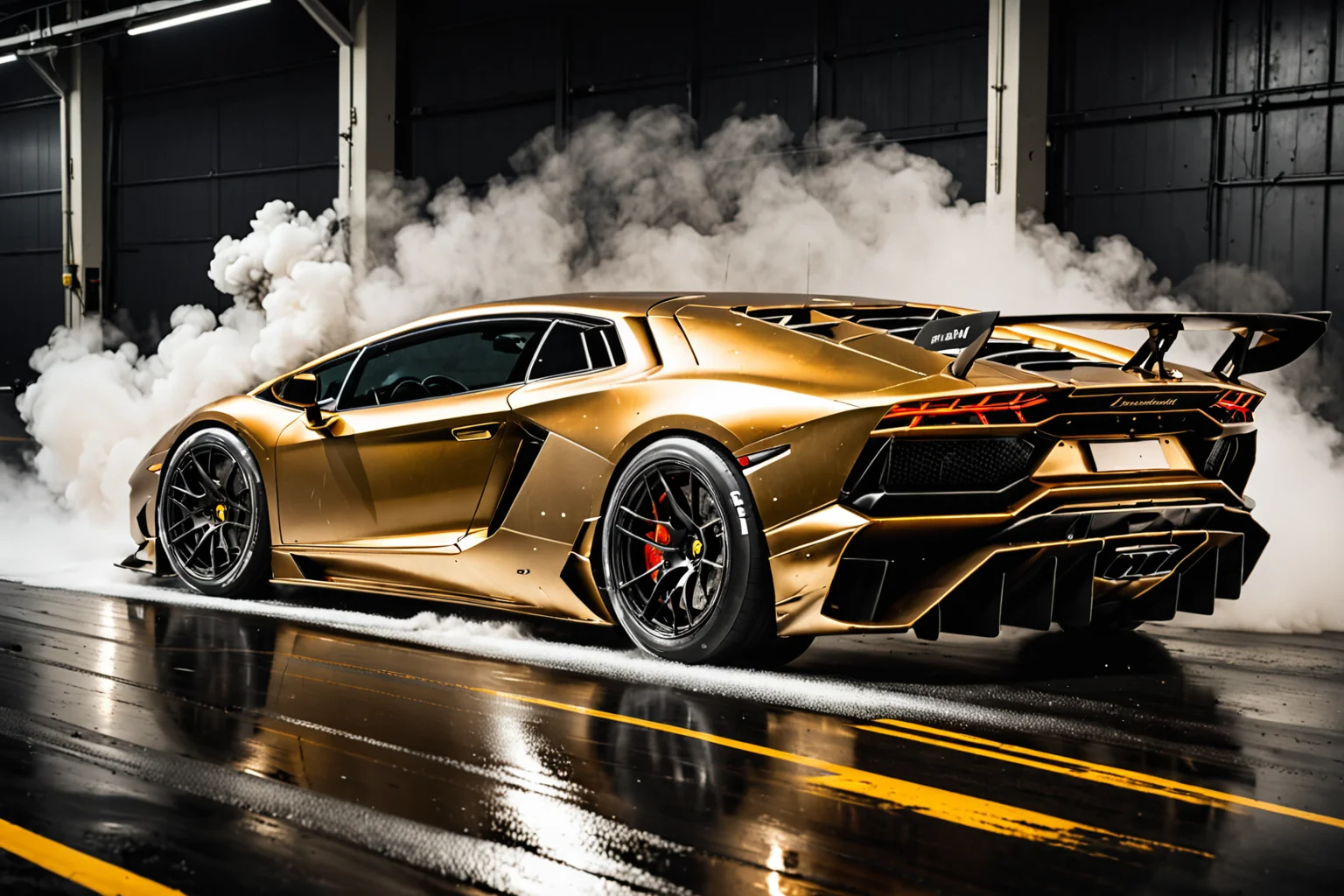 wide body kit Lamborghini, racing through LIQUID METAL, liquid metal sprays up from the cars tyres, Car drifting in a black void , UHD