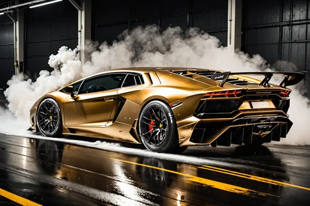 wide body kit Lamborghini, racing through LIQUID METAL, liquid metal sprays up from the cars tyres, Car drifting in a black void , UHD
