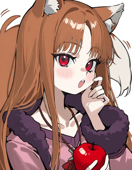 <lora:amoebayc-000020:1>,amoebayc,holo,1girl,animal ear fluff,animal ears,apple,blush,brown hair,collarbone,eyelashes,food,fruit,hand up,holding,holding food,holding fruit,jewelry,long hair,long sleeves,necklace,parted bangs,pink shirt,purple trim,red eyes,shirt,simple background,solo,tail,tail raised,teeth,upper teeth only,white background,wolf ears,wolf girl,wolf tail,tail wiggle,upper body,, masterpiece, best quality, very aesthetic, absurdres,newest, incredibly absurdres,