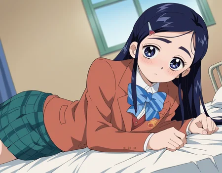 score_9, score_8_up, score_7_up, source_anime, <lora:honoka-yukishiro-anime-ponyxl-lora-nochekaiser:1>, honoka yukishiro, long hair, blue eyes, hair ornament, blue hair, hairclip,, skirt, bow, school uniform, jacket, bowtie, blue bow, blazer, brown jacket, plaid, plaid skirt, green skirt, red blazer,, indoors, bed, bed room, on side, blush, drunk, looking at viewer, solo,, cowboy shot, dutch angle