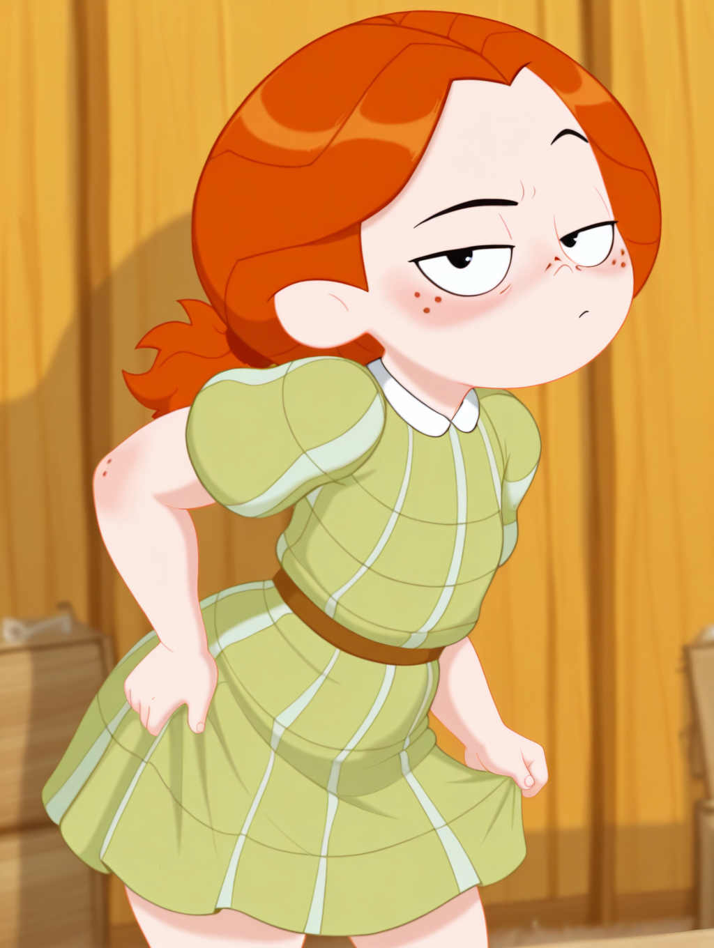 masterpiece, best quality, amazing quality, very aesthetic, absurdres, Shadman, newest, solo, DBLKatieZYN, 1girl, solo, black eyes, ponytail, orange hair, freckles, (green dress), looking_at_viewer