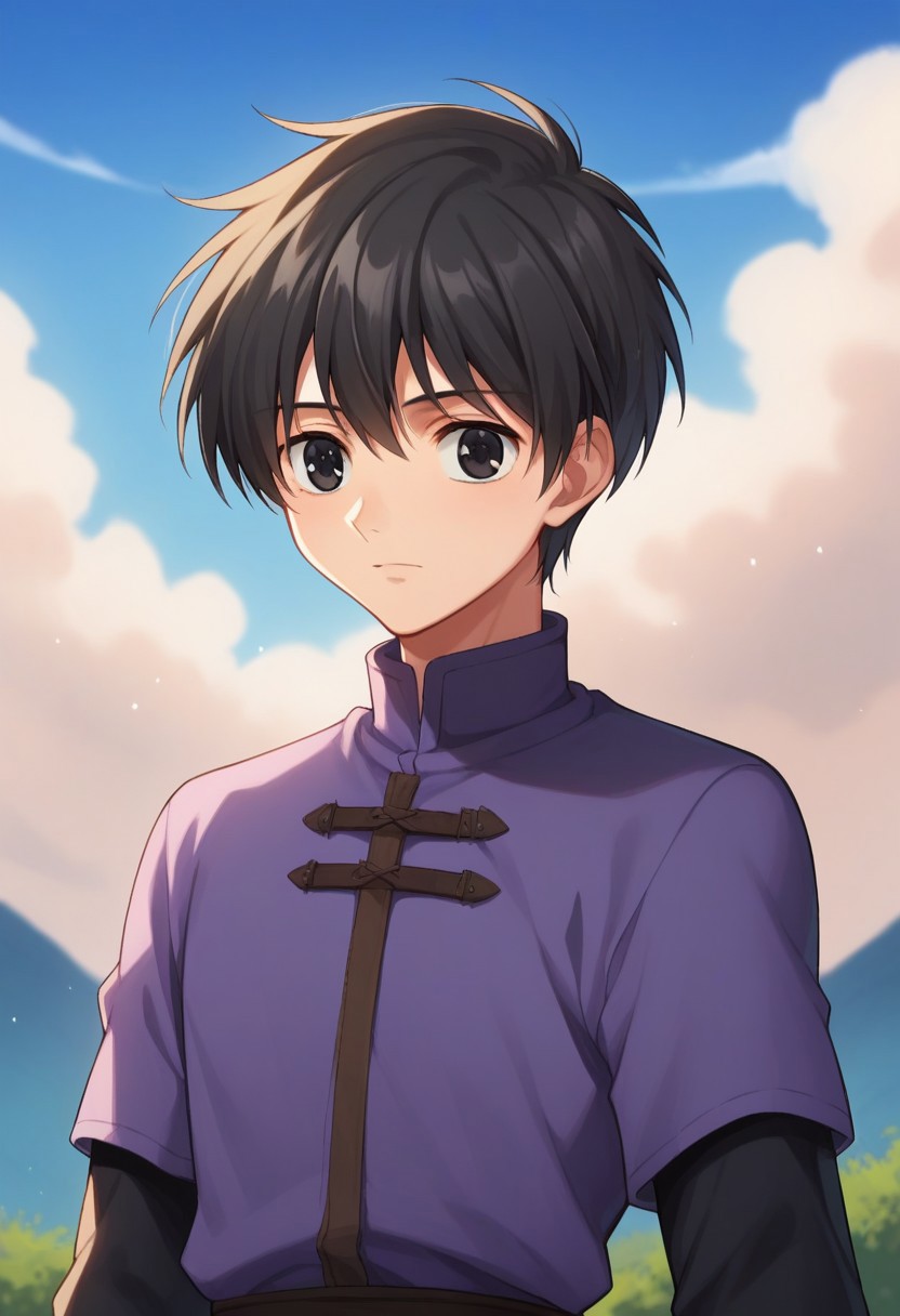 score_9, score_8_up, score_7_up, source_anime, highly detailed,
YuriShibuya, 1boy, male focus, solo, black hair, black eyes, upper body, sky, day, tunic,
purple tunic, multiple crossover, short over long sleeves, black pants
outdoor, sky, medieval,