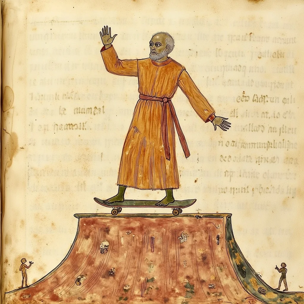Illuminated manuscript illustration of a man in monk's robes doing skateboard tricks on a half-pipe