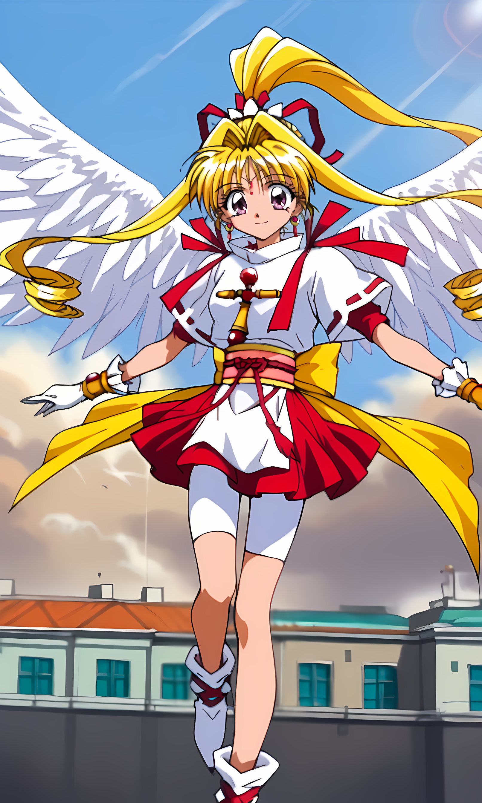 8k, best quality, solo, cute, score_9, score_8_up, score_7_up, 90s anime, masterpiece, source_anime,  KKJs2, artist A style, purple eyes, forehead jewelry, blonde hair, very long hair, hair intakes with drill long sidelocks, one high drill ponytail at the back, red hair ribbon with white octagonal decoration, earrings, red inner clothes with white edges, white outfit, folded standing collar, white collar, white side slit and long shirt tail, red accents on white short sleeves, short red inner sleeves, exposed lower arms, shoulder decorations, red ribbon decorations on shoulders, cross ornament on chest, gold bracelet, long white gloves, (red and yellow sash:1.2), red rope with tassels, large yellow bow, red layered miniskirt, white bike shorts, covering thighs, bare thighs between bike shorts and boots, white boots, red crisscross ribbon wrapping around boots, white wings, feathered wings, white feathers, midair, cityscape, cloudy sky, light rays, dynamic pose, smile