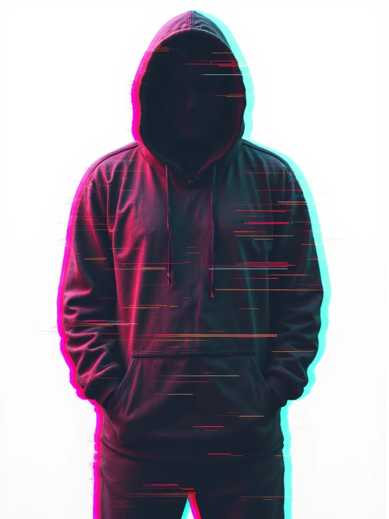 a heavily glitched graphic illustration of a man standing in a hoodie, ominous darkness instead of a face, light background. neo-seventies, gl1tchc0re <lora:Glitchcore_Flux:1>