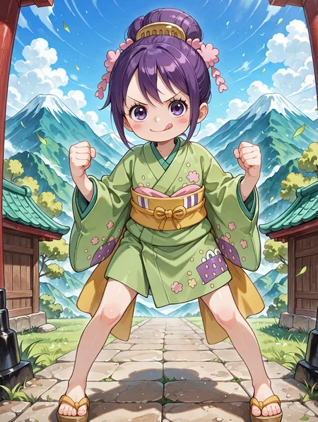 ultra-detailed, ultra-detailed background, ultra-detailed eyes, detailed limb, hair between eyes, outdoors, mountain, 1girl, <lora:Tama_Kurozumi_-_One_Piece__Illustrious:0.8>, child, purple hair, shimada hairstyle, hair bun, purple eyes, eyelashes, one piece wano style, hair ornaments, pink cheeks, green kimono, yellow sash, patched kimono, japanese sandals, loose clothes, fighting stance, detailed toes, v-shaped eyebrows, looking at viewer, licking lips, clenched hands, <lora:hand 5.5_903007:0.1>, well-defined fingers, ultra-detailed fingers, <lora:illustriousXL_stabilizer_v1.7_1135253:0.1>, <lora:spo_sdxl_10ep_4k-data_lora_webui_482964:1>, <lora:Hyper-SDXL-8steps-lora:0.5>, general, masterpiece, best quality, amazing quality, very aesthetic, absurdres,