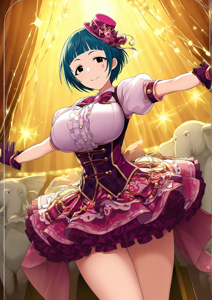<lora:Sinå½ä¸:1>,1girl, okazaki yasuha, huge breasts, wide hips, idolmaster, idolmaster cinderella girls, animal, black eyes, blue hair, blunt bangs, bow, bowtie, card (medium), circus, elephant, frills, gem (symbol), gloves, hat, lights, looking at viewer, mini hat, outstretched arms, puffy short sleeves, puffy sleeves, short hair, short sleeves, skirt, smile, solo, spread arms, 
animated, dynamic angle,very awa, masterpiece, best quality, highres, absurdes,amazing quality,very aesthetic,intricate details,detailed background, <lora:hand 5.5:1>