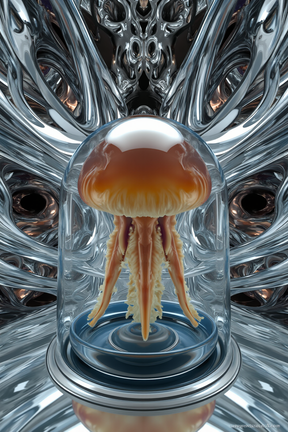 A 3D Rendered abstract of, Masterpiece, the greatest details, 8k, UHD, HDR, incredibly intricate, realistic reflections, volumetric lighting. A clear plastic and encased in resin jellyfish in a fractal landscape. The backdrop is warped and distorted through the subject.
