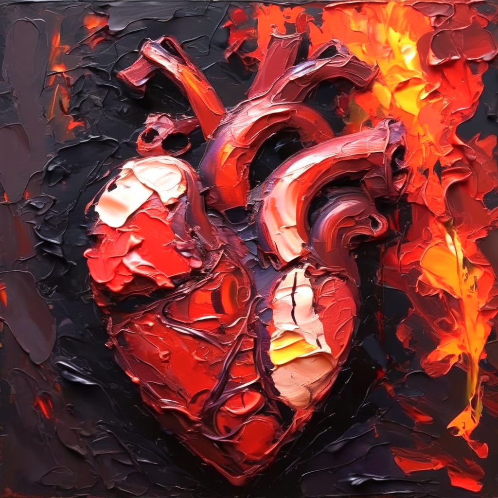 impasto human anatomical heart in the background of darkness and flames <lora:impasto:1>