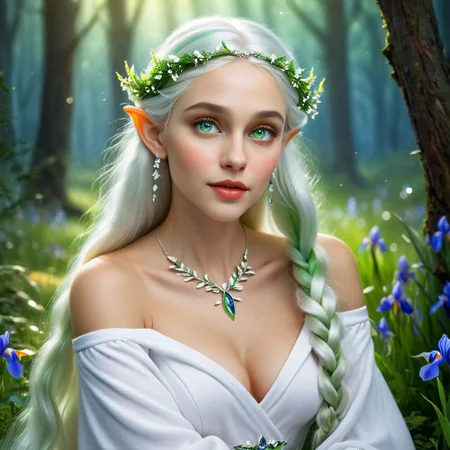 A beautiful elf sits on the ground, flowers around her, green eyes, ((perfect iris, perfect eyes)), beautiful natural lips, long white and light green hair, braid of hair that goes from the sides to the back of the head, white eyebrows, elf ears, medium sized breasts, beautiful light skin, beautiful body, wears a long and elegant off shoulders white robe, there are some fireflies around the elf, small earring, small necklace, forest background, pefect hands, perfect skin, Milky Way, Night sky, night, real graphics