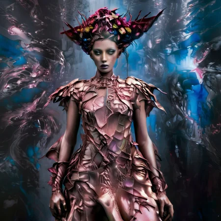 ull body,a beautiful alien woman with roses in her hair, grey skin and blue eyes, long neck, smooth body shape, metallic background, high resolution, high detail, hyper-realistic, cinematic, dramatic lighting.
realistic, realism, hyperrealism, high resolution, high quality, fashion photography, detailed skin texture, beautiful female, wear multicolor balenciaga style clothes made of colorful melting jelly, wear avant-garde style clothes, lots of glitter, sunlight, fashionable, colorful melting and flowers background, dramatic mood