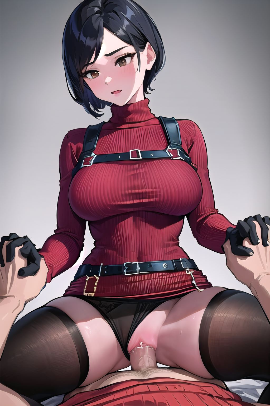 masterpiece, best quality, ultra-high-detailed,  holding hands, 1girl, 1boy, cowgirl position, sex, vaginal, girl on top, pov, straddling, adasweater, red sweater, turtleneck, harness, pantyhose, black gloves, belt