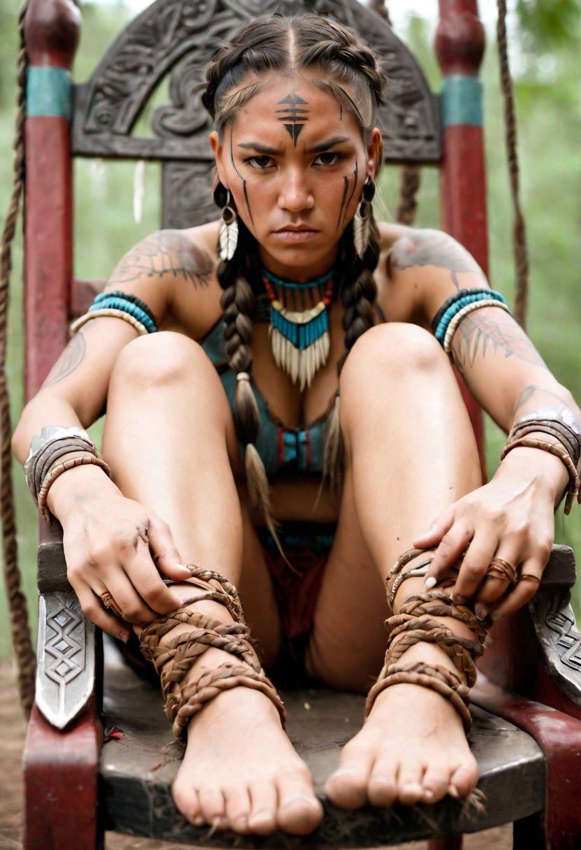 front-bottom-view medium-shot photograph, angry female Native-American warrior, wearing traditional-clothes, 25-YO, (tattoos:0.8), long-thick-braids, outdoors, foot-focus, five-toes, barefoot, detailed-soles, dirty-feet, sitting-on-throne, feet-up
