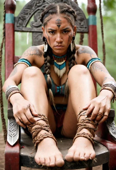 front-bottom-view medium-shot photograph, angry female Native-American warrior, wearing traditional-clothes, 25-YO, (tattoos:0.8), long-thick-braids, outdoors, foot-focus, five-toes, barefoot, detailed-soles, dirty-feet, sitting-on-throne, feet-up