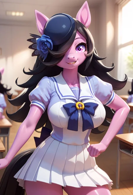 score_10 , score_9_up, score_8_up, score_7_up , score_6_up, vibrant colors, shiny_skin , detailed image, snoozing , BREAK,
1girls , solo , ((rice) , anthro pony , pink skin , big breasts , curvy , cute , black hair), smiling , school ,
looking at viewer, indoor , dynamic pose, Standing ,
<lora:rice.pony:1.2>,