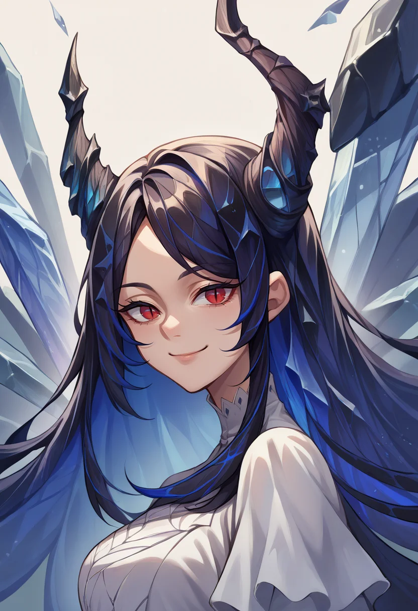 score_9, score_8_up, score_7_up, source_anime, 1girl, solo, NerissaRavencroft, colored inner hair, black hair, blue hair, red eyes, slit pupils, uneven horns, long hair, incrsxlcrystalhair, crystal hair, shiny hair, white dress, smile, <lora:ChamNerissaRavencroftPonyXL:0.8>, <lora:CrystalHair_XLPD:1>