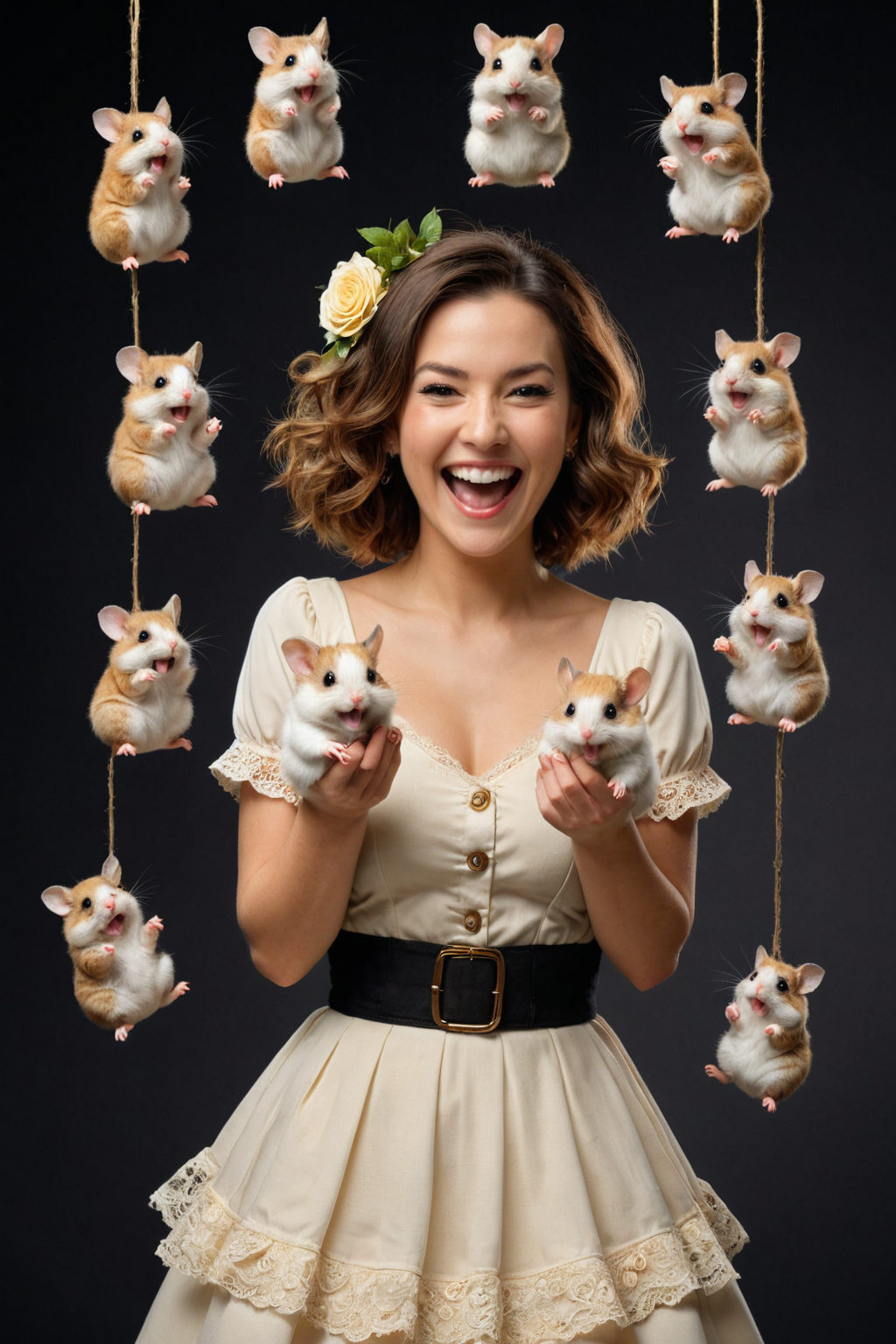 full body length 8k  by ((( Brian Kesinger ) and  Alesya Osadchaya ) and  Saul Tepper ) and  Brad Kunkle ,  cute happy woman holding up two cute hamsters while laughing maniacally, dual wielding hamsters <lora:happy:0.25><lora:maniacal_laughter:1.75><lora:dual_pistols:0.35> ,   <lora:more_art:0.70>