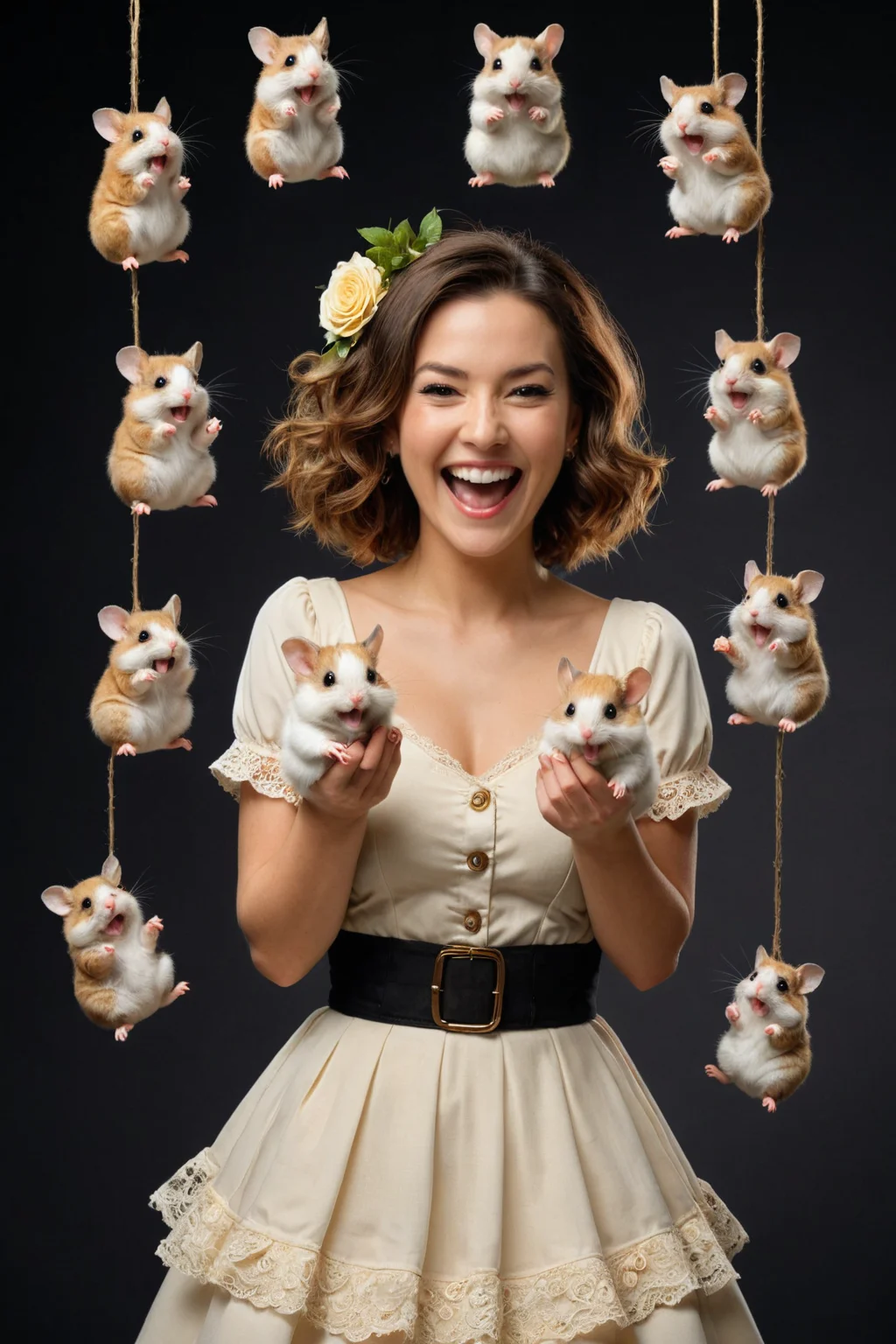 full body length 8k  by ((( Brian Kesinger ) and  Alesya Osadchaya ) and  Saul Tepper ) and  Brad Kunkle ,  cute happy woman holding up two cute hamsters while laughing maniacally, dual wielding hamsters <lora:happy:0.25><lora:maniacal_laughter:1.75><lora:dual_pistols:0.35> ,   <lora:more_art:0.70>