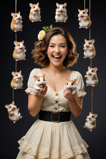full body length 8k by ((( Brian Kesinger ) and Alesya Osadchaya ) and Saul Tepper ) and Brad Kunkle , cute happy woman holding up two cute hamsters while laughing maniacally, dual wielding hamsters <lora:happy:0.25><lora:maniacal_laughter:1.75><lora:dual_pistols:0.35> , <lora:more_art:0.70>