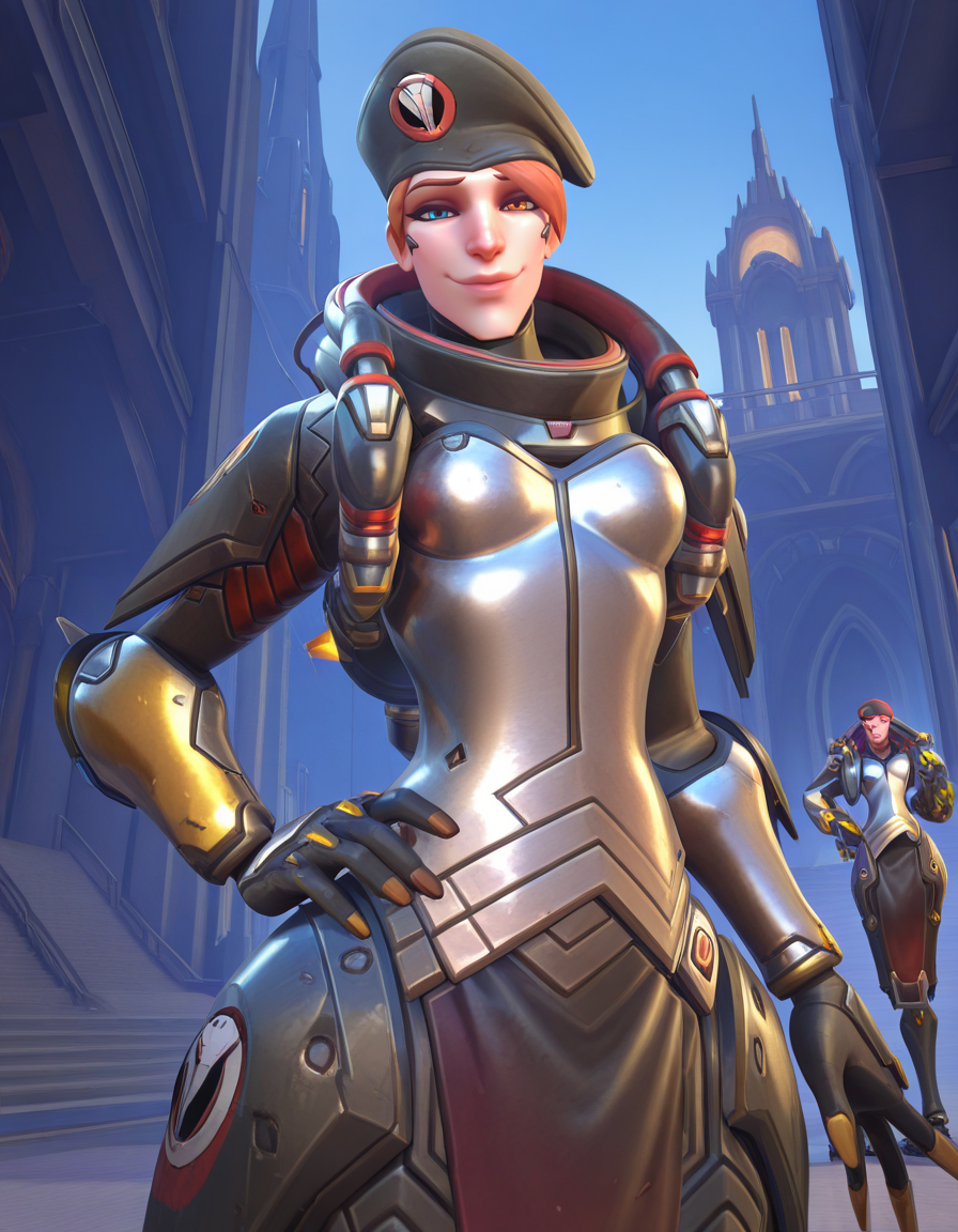 Masterpiece, high-res, 2k, best quality, 3d, solo focus,blackwatch moira, moira (overwatch), heterochromia,Embracing Confidence: Stand with one hand on your hip and the other raised towards the sky exuding a sense of self-assurance and power. This pose radiates confidence and determination.<lora:Blackwatch_moira_Illus-000043:1>