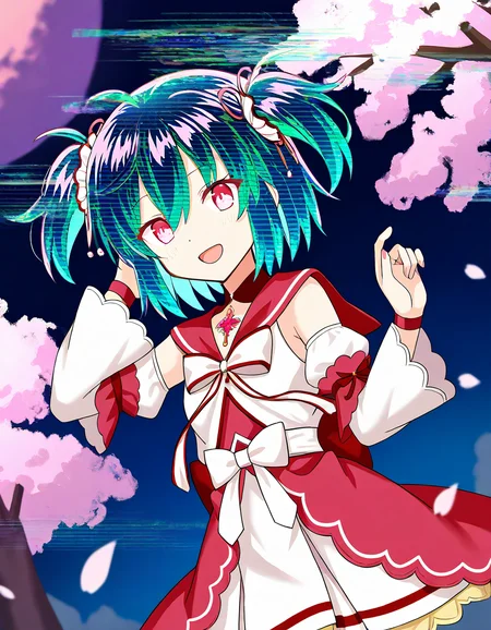 masterpiece, best quality, newest, absurdres, highres, safe, 1girl, ayano rika, magia record: mahou shoujo madoka magica gaiden, glitch hair, solo, outdoors, cherry blossoms, night, dutch angle, <lora:ayano_rika_noobaiXLNAIXL_vPred10Version:0.7>