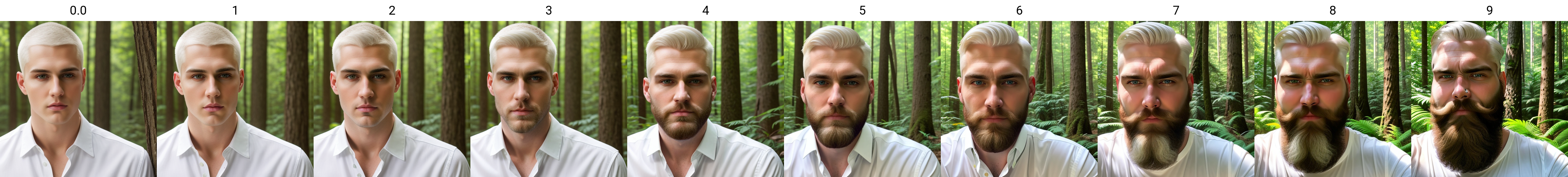 handsome white man in forest, portrait<lora:beard_slider_v10:0.0> , white shirt, buzzcut, white hair, beautiful eyes