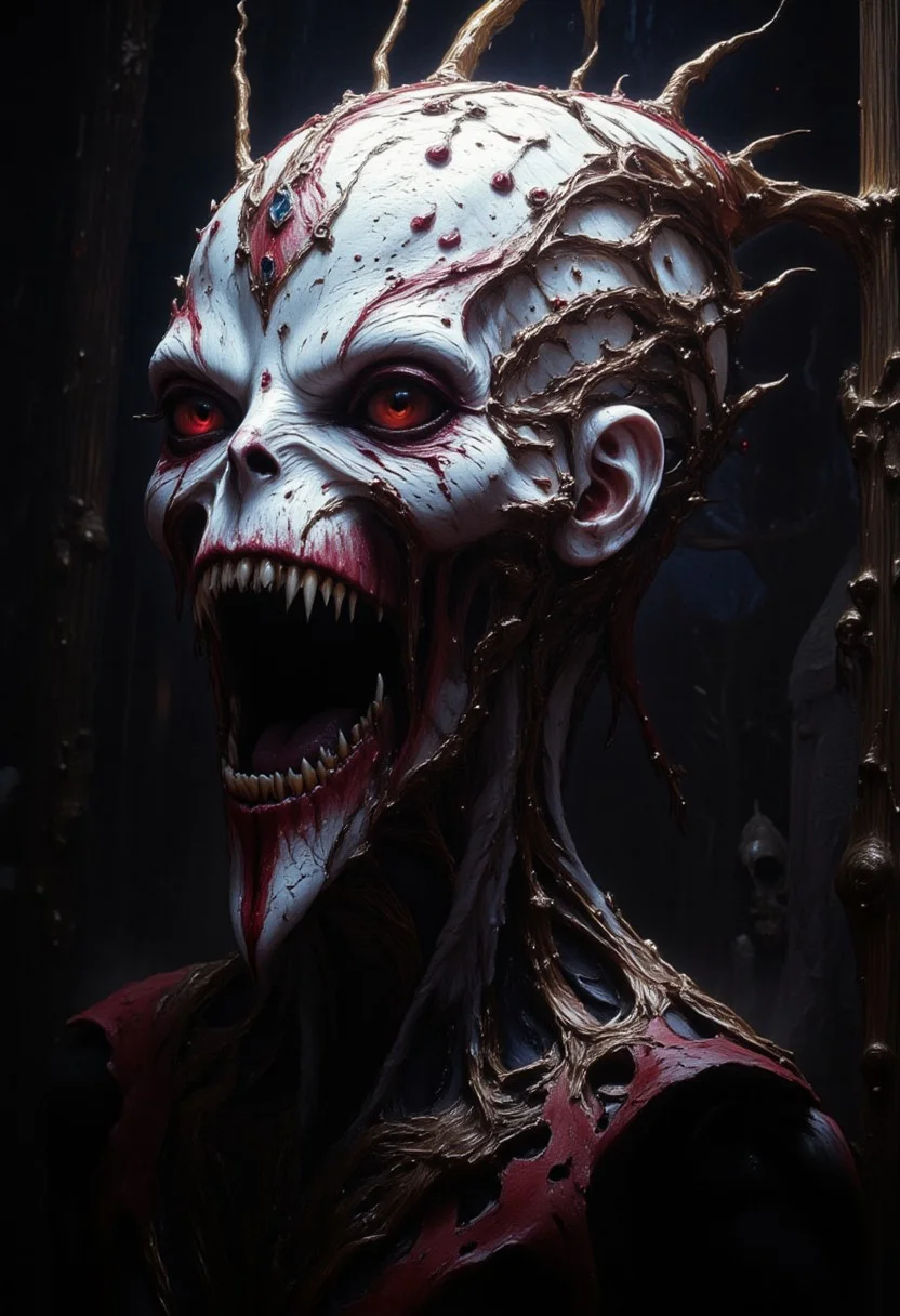 the Mokosh is an ancient drow and mythical female creature. She has long, sharp fangs for teeth and many spikes protruding from its head as it stares at the viewer with old soulless eyes, Her skin is white, engraved stone where every grove tells a story. It is snarling menacingly at the viewer, demanding respect and loyalty, head and shoulder portrait, hyperdetailed, 8k resolution concept art, WLOP, Moebius, H.R. Giger, Royo, muddy, dark colors, minimal lighting, hyperrealism, digital illustration, intricate,( vapor:0.9), dorian cleavenger, brom, hyperrealism, digital illustration, horror, dark environment, (&:0)t (photography, high-resolution, dynamic, energetic,hyper-realistic, dramatic lighting, shallow depth of field.)