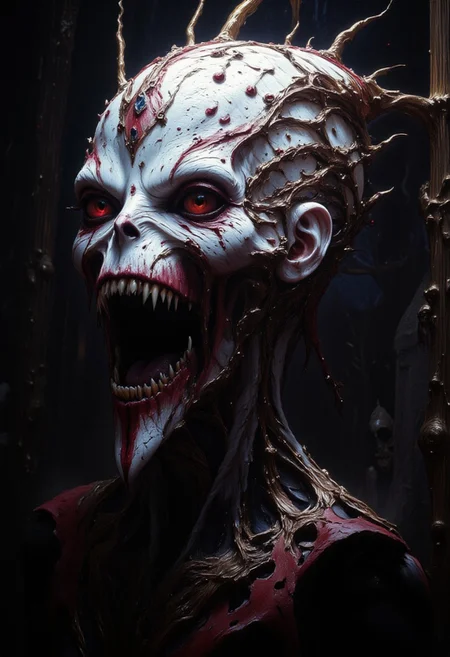 the Mokosh is an ancient drow and mythical female creature. She has long, sharp fangs for teeth and many spikes protruding from its head as it stares at the viewer with old soulless eyes, Her skin is white, engraved stone where every grove tells a story. It is snarling menacingly at the viewer, demanding respect and loyalty, head and shoulder portrait, hyperdetailed, 8k resolution concept art, WLOP, Moebius, H.R. Giger, Royo, muddy, dark colors, minimal lighting, hyperrealism, digital illustration, intricate,( vapor:0.9), dorian cleavenger, brom, hyperrealism, digital illustration, horror, dark environment, (&:0)t (photography, high-resolution, dynamic, energetic,hyper-realistic, dramatic lighting, shallow depth of field.)