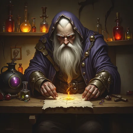 ArsMJStyle, dnddarkestfantasy, An elderly alchemist with a long white beard and tattered robes mixes potions in a candle-lit laboratory. Shelves of strange ingredients, bubbling cauldrons, mystical symbols, parchment scrolls, extreme close-up, portrait, warm, golden light.