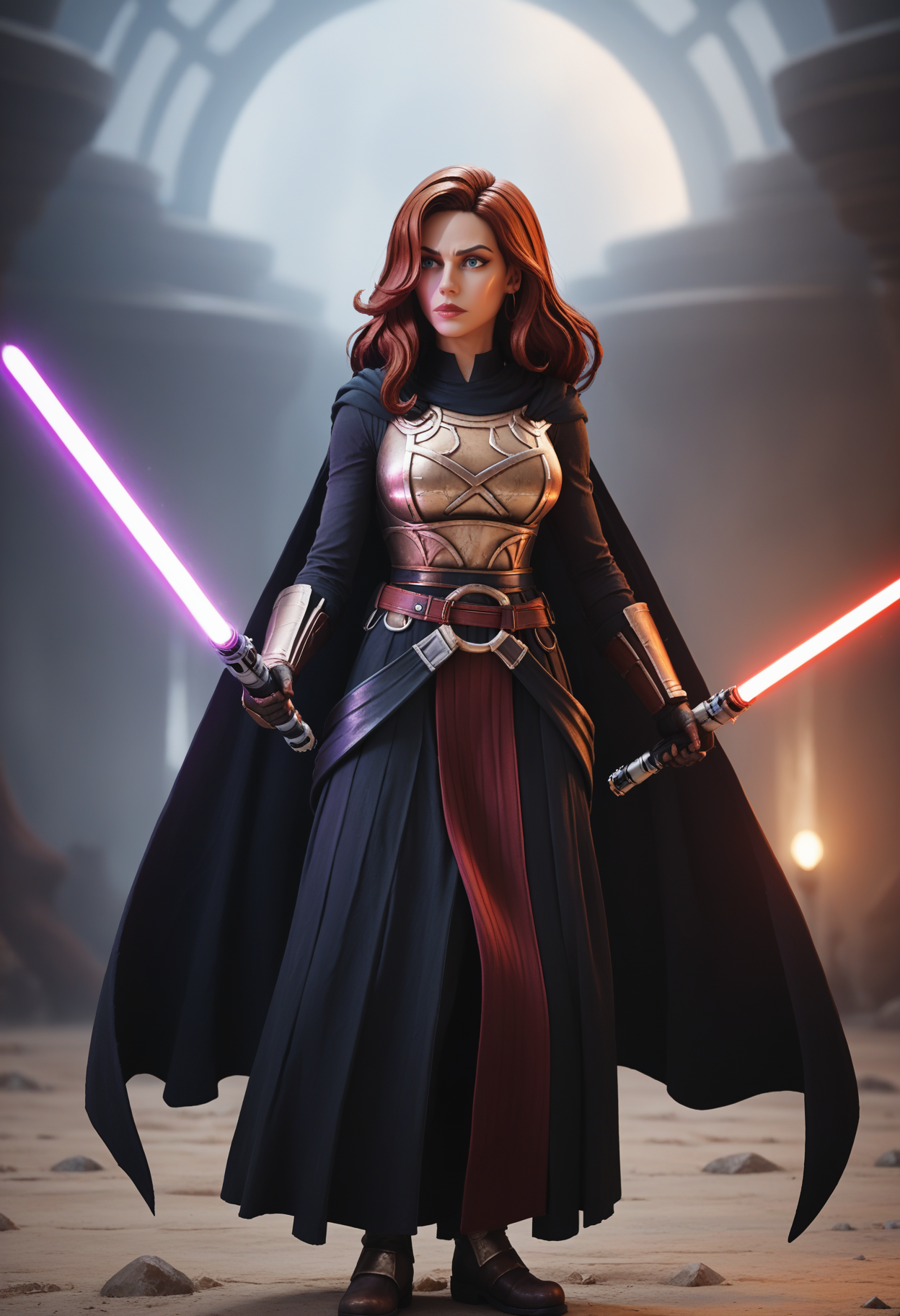 score_9, score_8_up, score_7_up,
1girl, solo, miss fortune \(league of legends\),
star wars,
depth of field,
<lora:Dark_RevanArmor_Pony:0.7> d4rkr3v4n4rm0r, black robe, cape, breastplate, gauntlets, belt, pants, belt boots, holding lightsaber, dual wielding, purple lightsaber, red lightsaber,