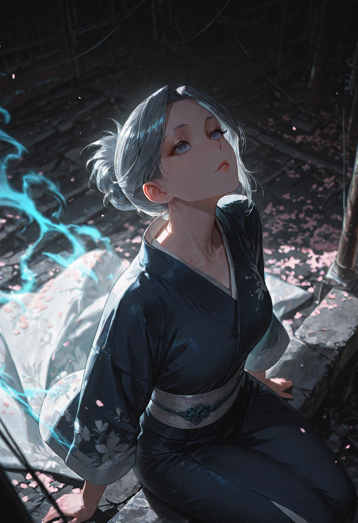 1girl, Aunt Xue, grey hair, dark blue eyes, kimono,lighting aura,cherry blossoms,power lines,sitting,arms at side,sprawled,dynamic pose,looking up viewer,(from above:1.2),parted lips,perspective,black background,vignetting,chromatic aberration,depth of field,
(Smooth Quality - Illustrious:0.8), masterpiece,best quality,amazing quality, absurdres, (impressionism), ultra-HD, 8k, fit body, highest quality, volumetric lighting, (cinematic composition:1.3), (sharp focus:1.2), (depth of field:1.2), (adult), wide eyes, (mature female:1.2), very aesthetic, smooth image, action lines, motion lines, motion blur, (detailed face and eyes:1.3),
<lora:illustrious_quality_modifiers_masterpieces_v1:0.6>  <lora:ponyv4_noob1_2_adamW:0.4> <lora:FINALE:0.3>  <lora:I_Am_The_Fated_Villain:0.7> <lora:g0thicILL:0.4> <lora:USNR STYLE_XL_loha:0.3>